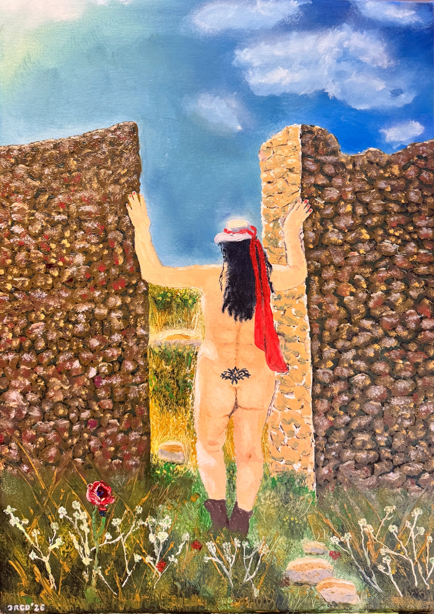 Una campesina vigila el patio a las doce en punto